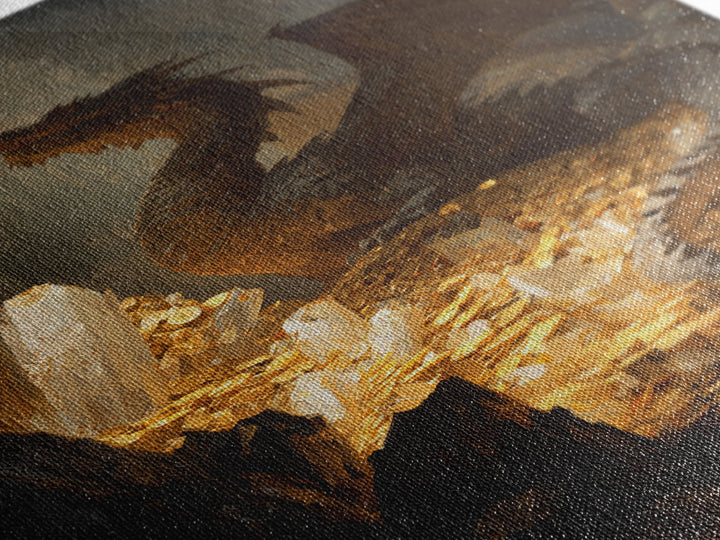 Dragon Guarding Crystal Treasure Framed Canvas Print, Dark Fantasy Cave Wall Art, Mythical Gold Hoard Decor For Gamer Room