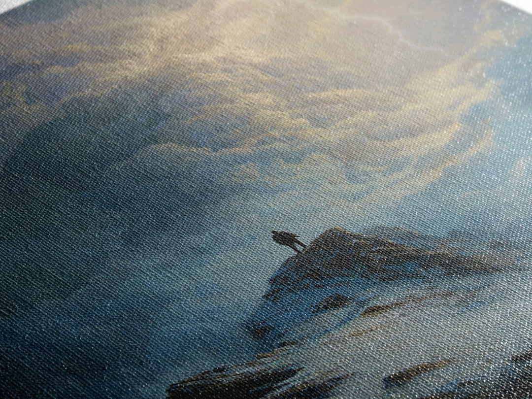 Lone Figure On Stormy Mountain Wall Art, Lightning Cloudscape Canvas Print, Moody Landscape Decor, Dark Academia Gift For Him