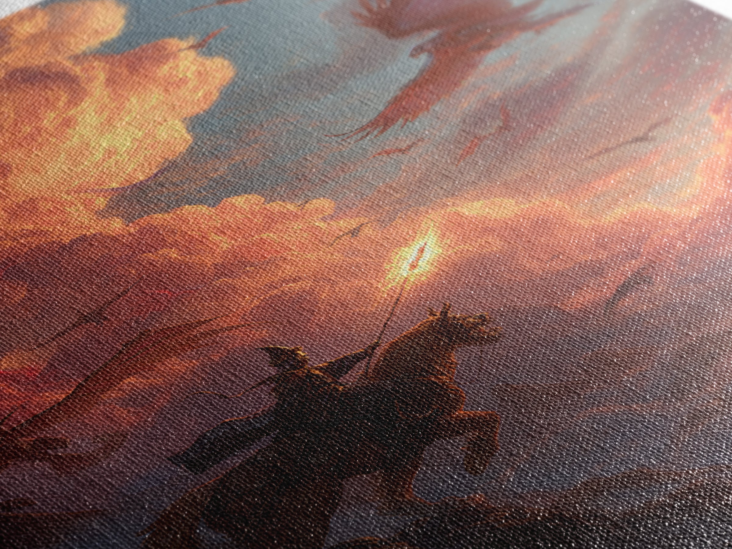 Knight And Phoenix Sunset Sky Battle Canvas Print, Fantasy Wall Art, Dragon Painting, Medieval Decor, Epic Statement Artwork