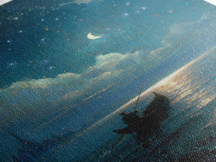 Moonlit Blue Boat And Castle Canvas Print, Celestial Wall Art, Fantasy Seascape Painting, Starry Night Decor, Gift For Her