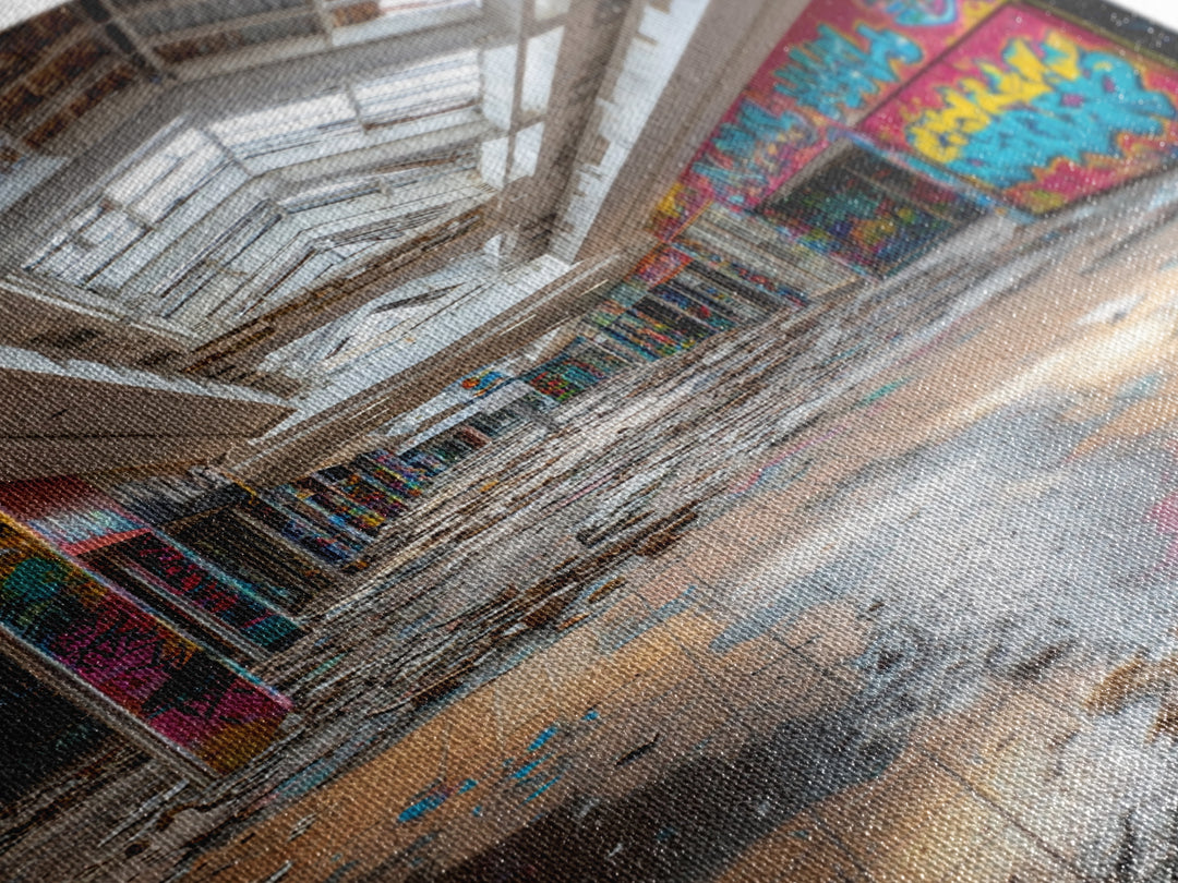 Abandoned Mall Atrium With Graffiti Wall Art Urban Decay Photography Print, Modern Industrial Decor For Loft Living Room