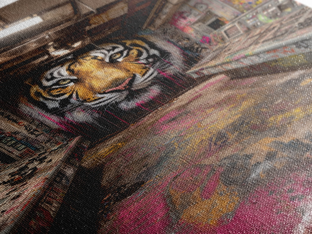 Tiger Mural In Abandoned Control Room Wall Art Urban Graffiti Canvas Print, Bold Animal Decor For Game Room Or Office Gift