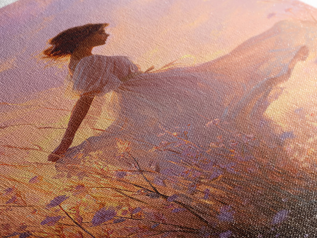 Sunset Meadow Woman In White Dress Wall Art, Romantic Wildflower Canvas Print, Feminine Bedroom Decor, Living Room Decor, Gift For Her