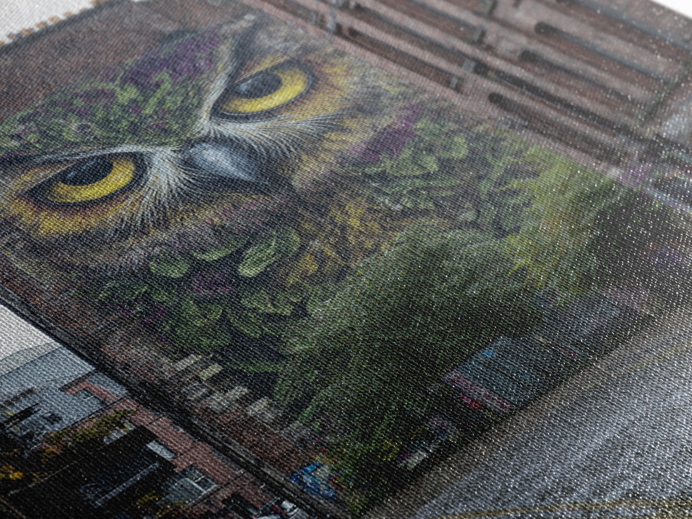 Large Vibrant Owl Mural Painted On Brick Building Wall In City Street - Original Wall Art Canvas Print For Urban Decor