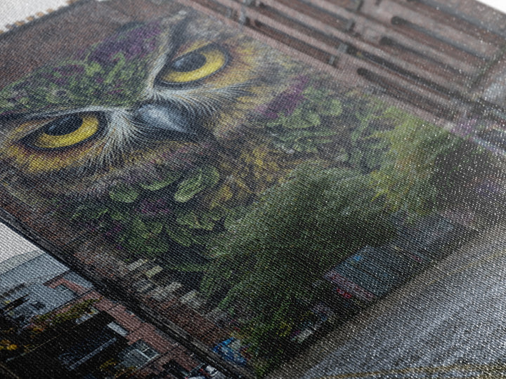 Large Vibrant Owl Mural Painted On Brick Building Wall In City Street - Original Wall Art Canvas Print For Urban Decor
