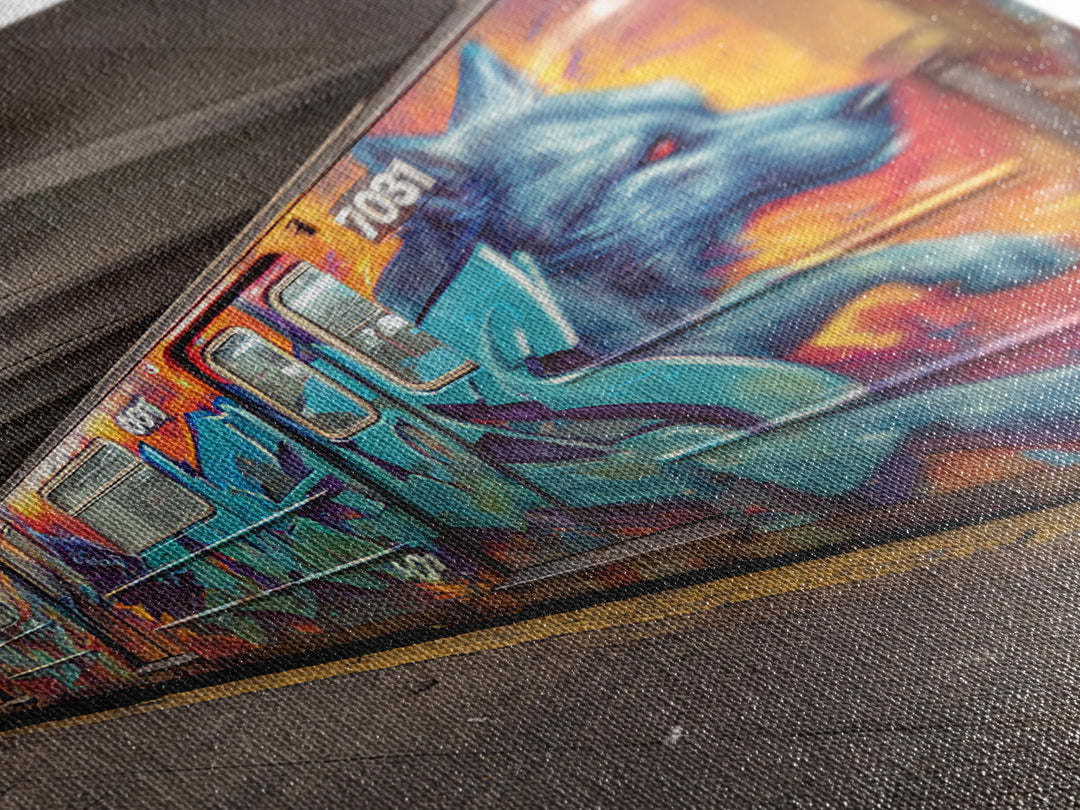 Graffiti Art Subway Train With Blue Dog Design Urban Street Art Canvas Print For Unique Contemporary Wall Decor