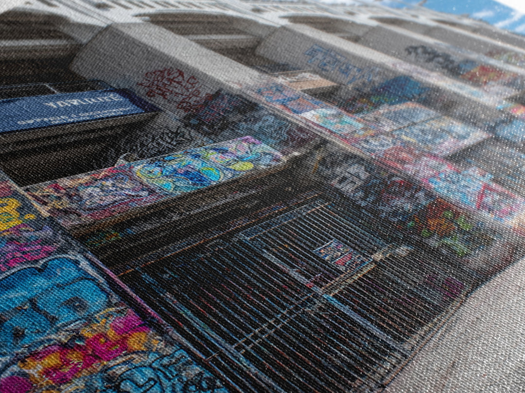 Abandoned Urban Street Art Graffiti Wall With Blue Sky | Vibrant Modern Wall Art Print For Home Decor Framed Canvas Print