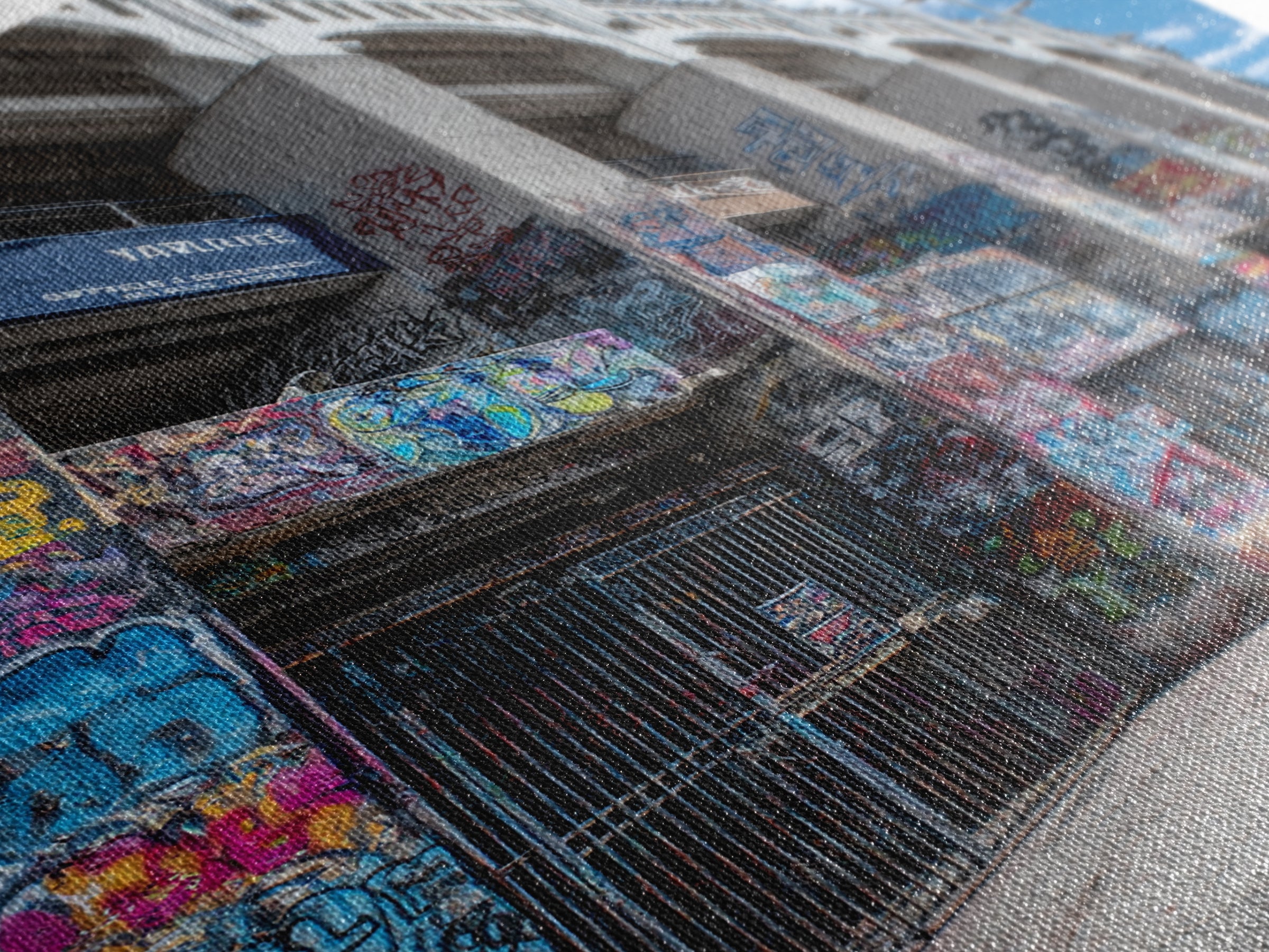 Abandoned Urban Street Art Graffiti Wall With Blue Sky | Vibrant Modern Wall Art Print For Home Decor Framed Canvas Print