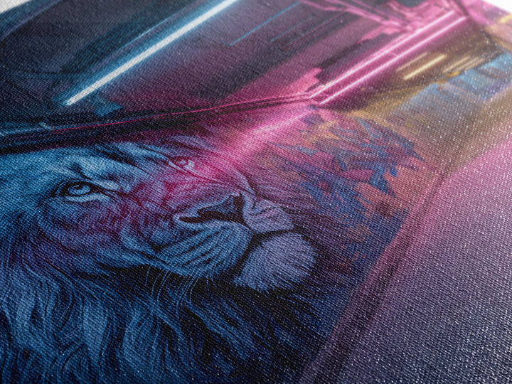 Vibrant Neon Alleyway Street Art With Majestic Lion Mural Wall Art Framed Canvas Print For Urban Home Decor
