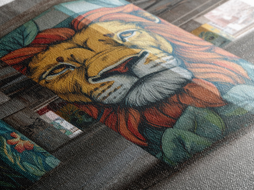 Majestic Lion Mural Painted On Concrete Pillar Urban Wall Art Framed Canvas Print For Unique Decor