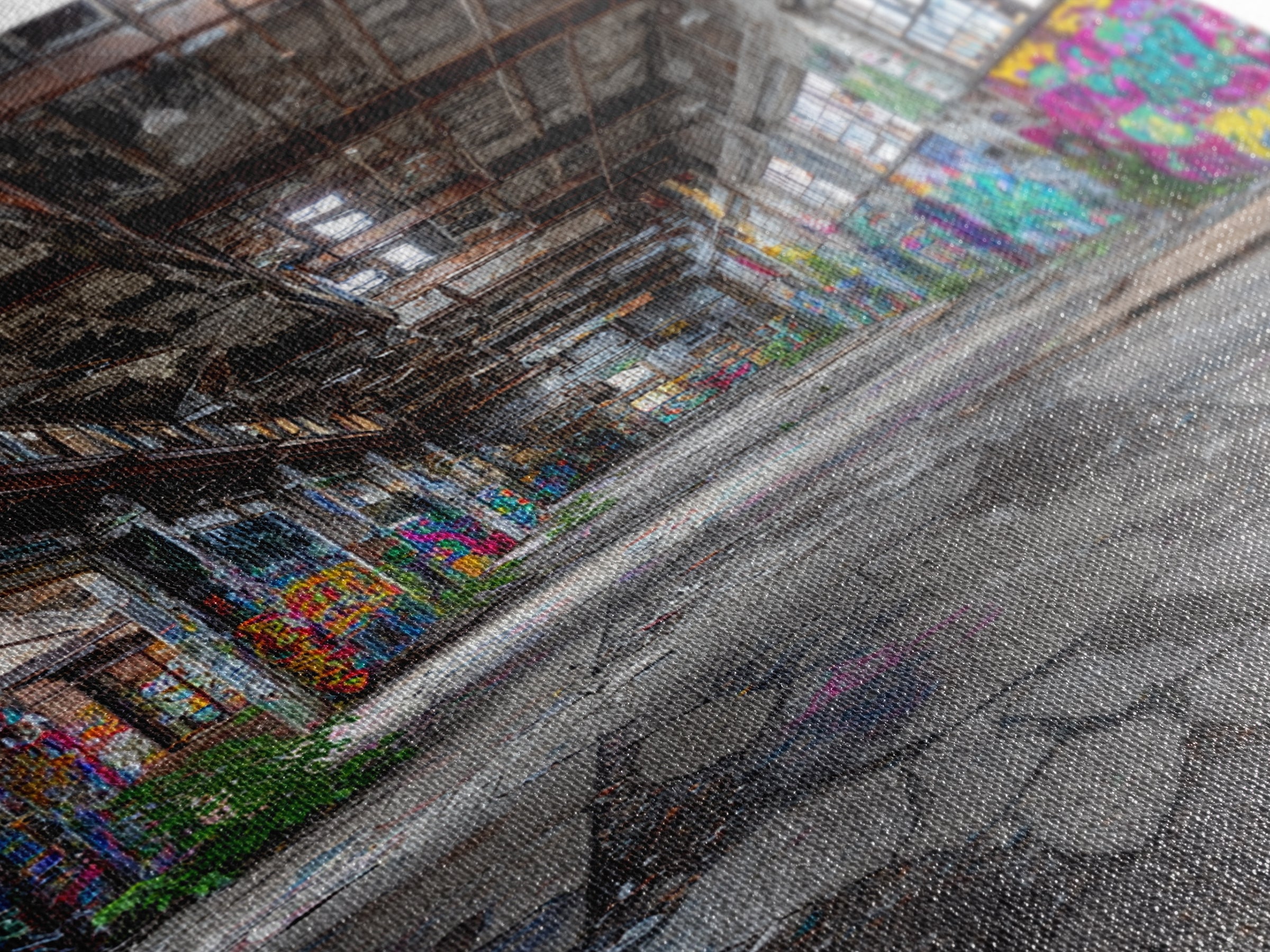 Vibrant Urban Graffiti In Abandoned Warehouse Wall Art Decor Framed Canvas Print For Modern Home Decor