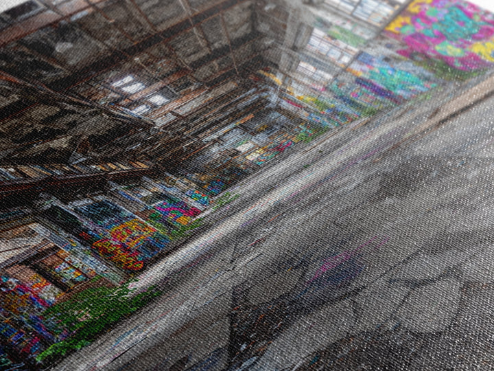 Vibrant Urban Graffiti In Abandoned Warehouse Wall Art Decor Framed Canvas Print For Modern Home Decor