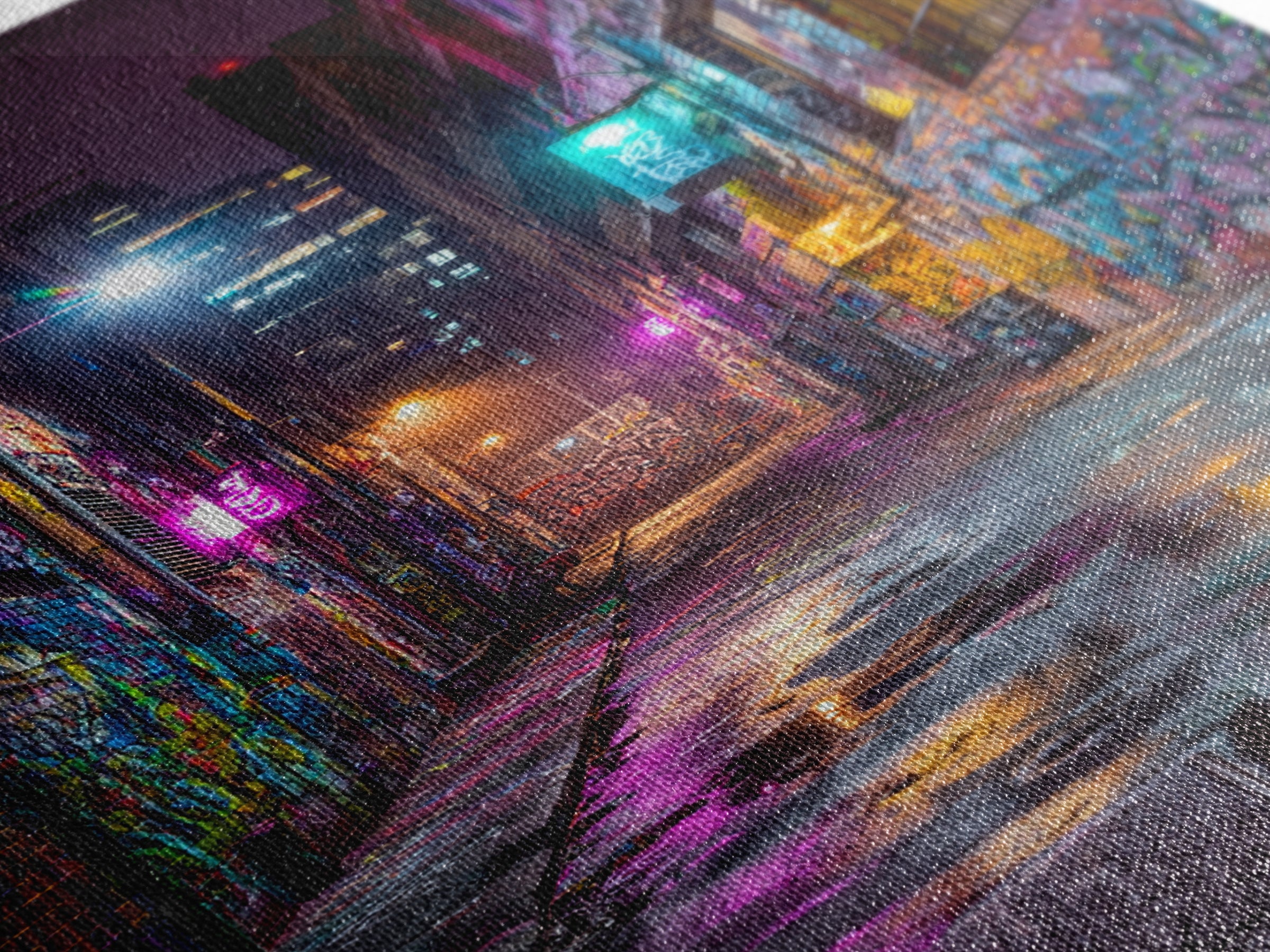 Neon Lit Graffiti Covered Alleyway Night Scene Urban Wall Art Modern Canvas Print For Eclectic Home And Office Decor