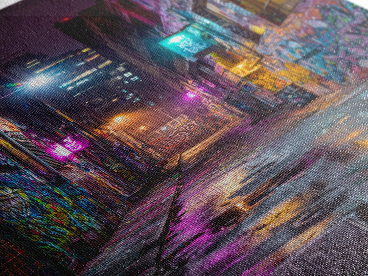 Neon Lit Graffiti Covered Alleyway Night Scene Urban Wall Art Modern Canvas Print For Eclectic Home And Office Decor