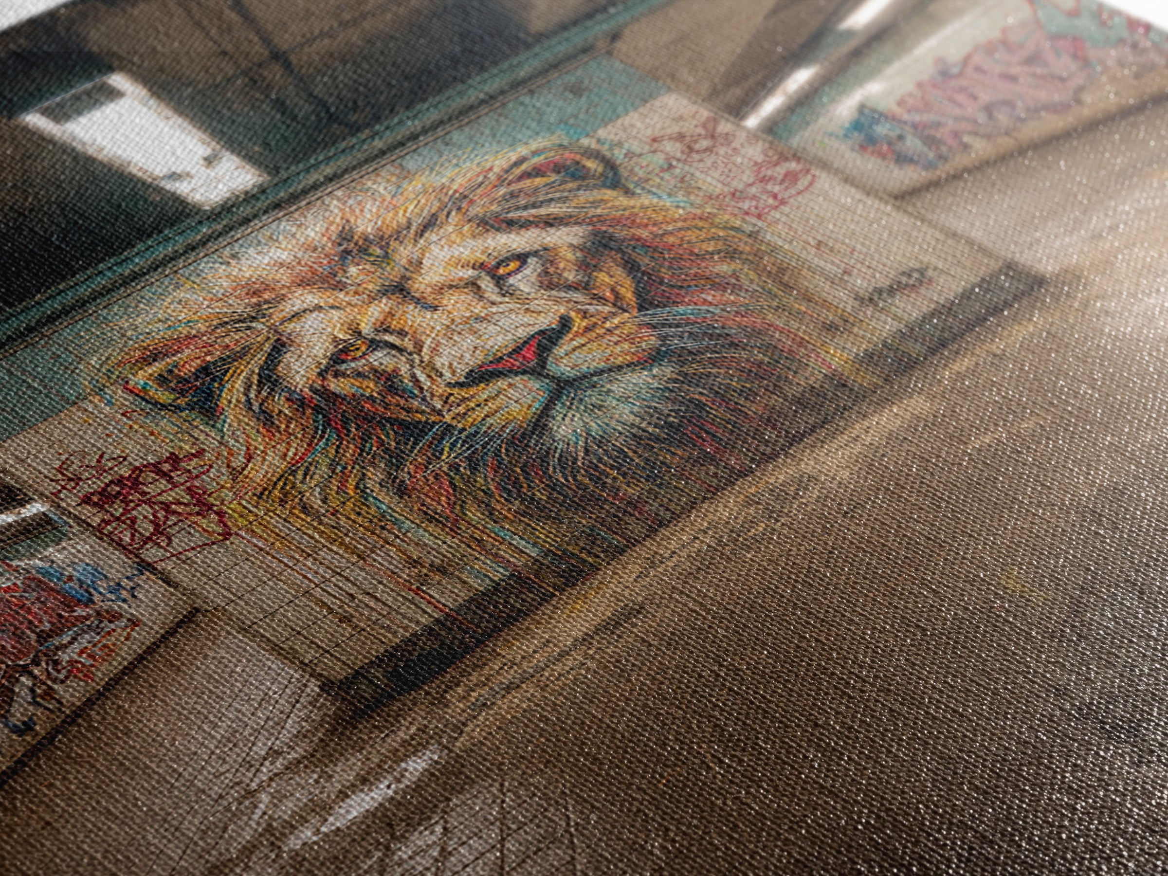 Powerful Lion Portrait Street Art Mural In Urban Tunnel Photography Wall Art Canvas Print For Bold Home Decor