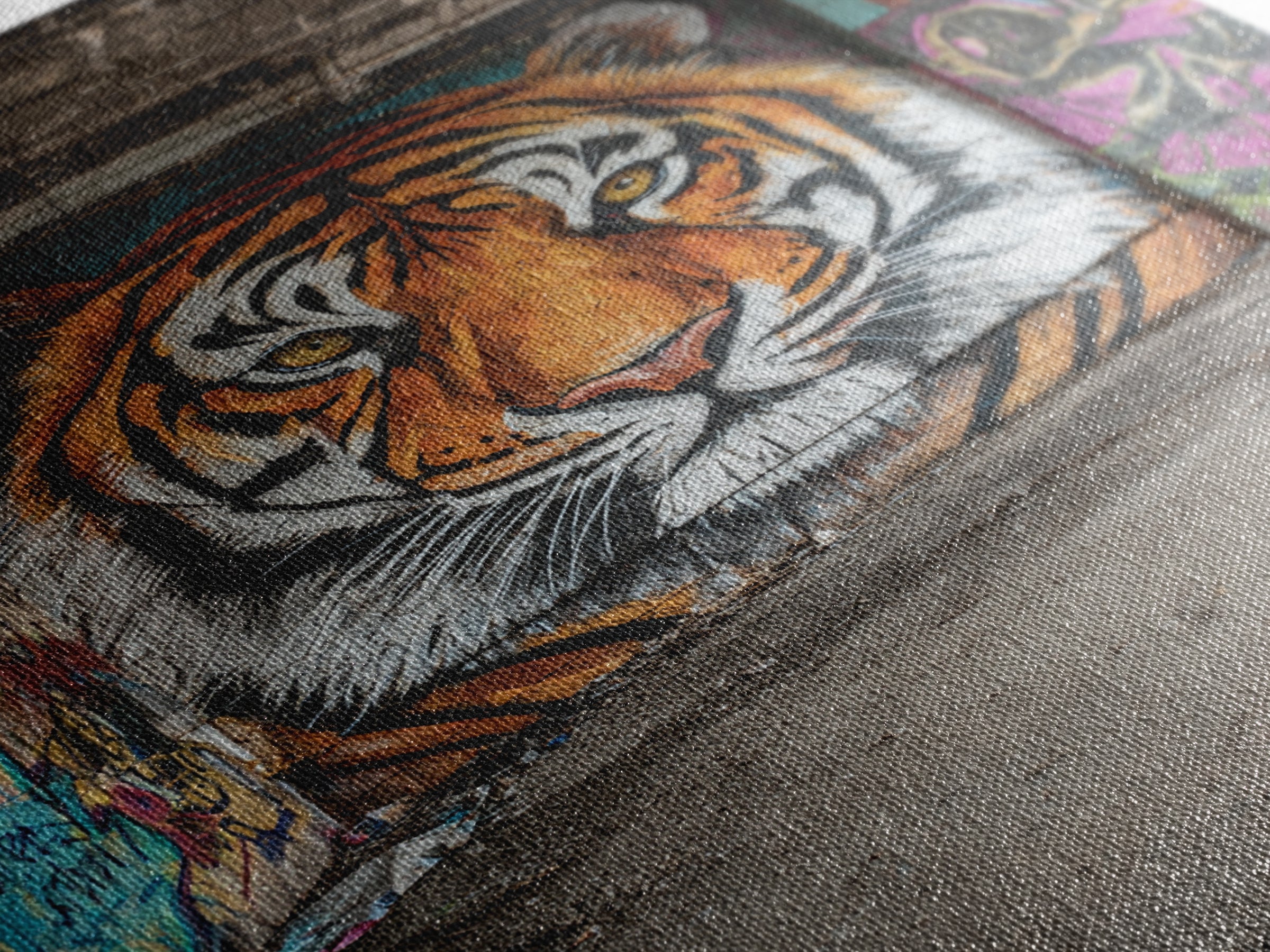 Vibrant Tiger Mural Street Art Urban Wall Art Perfect Framed Canvas Print For Eclectic Living Room Decor Or Gift