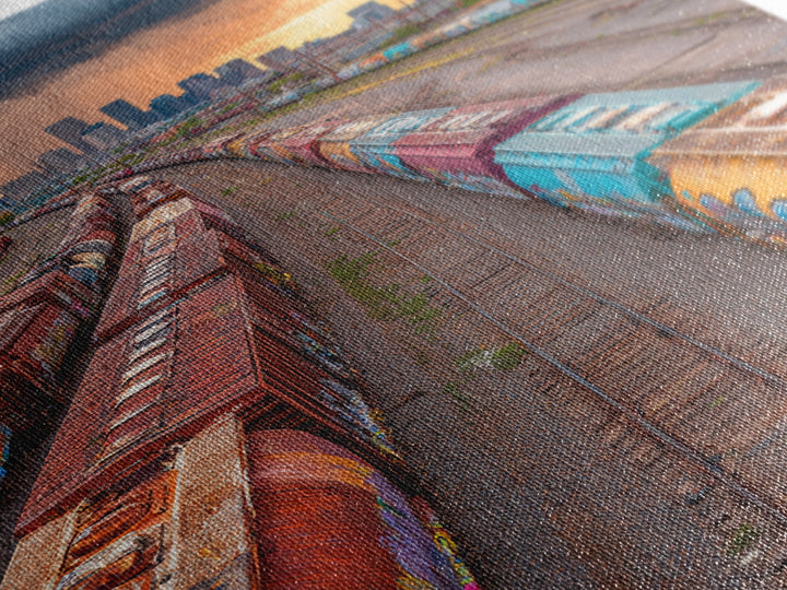 Train Yard Industrial Landscape With Rusty Graffiti Paintings | Contemporary Wall Art Urban Decor Framed Canvas Print