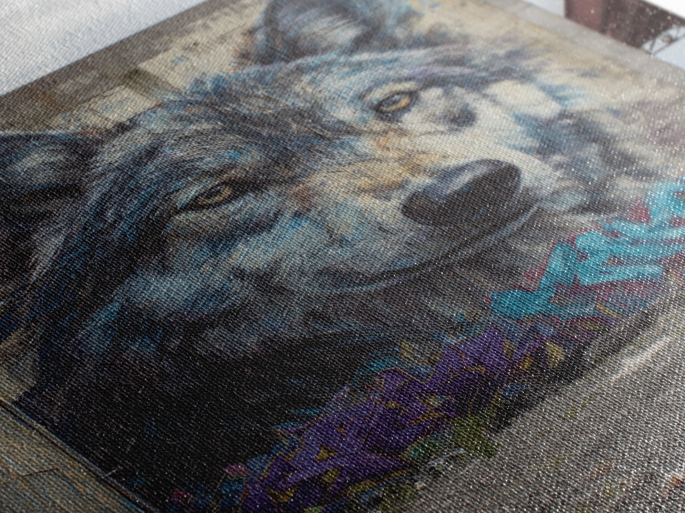 Massive Wolf Mural Graffiti On Urban Wall Featuring Detailed Animal Portrait Vibrant Street Art Print