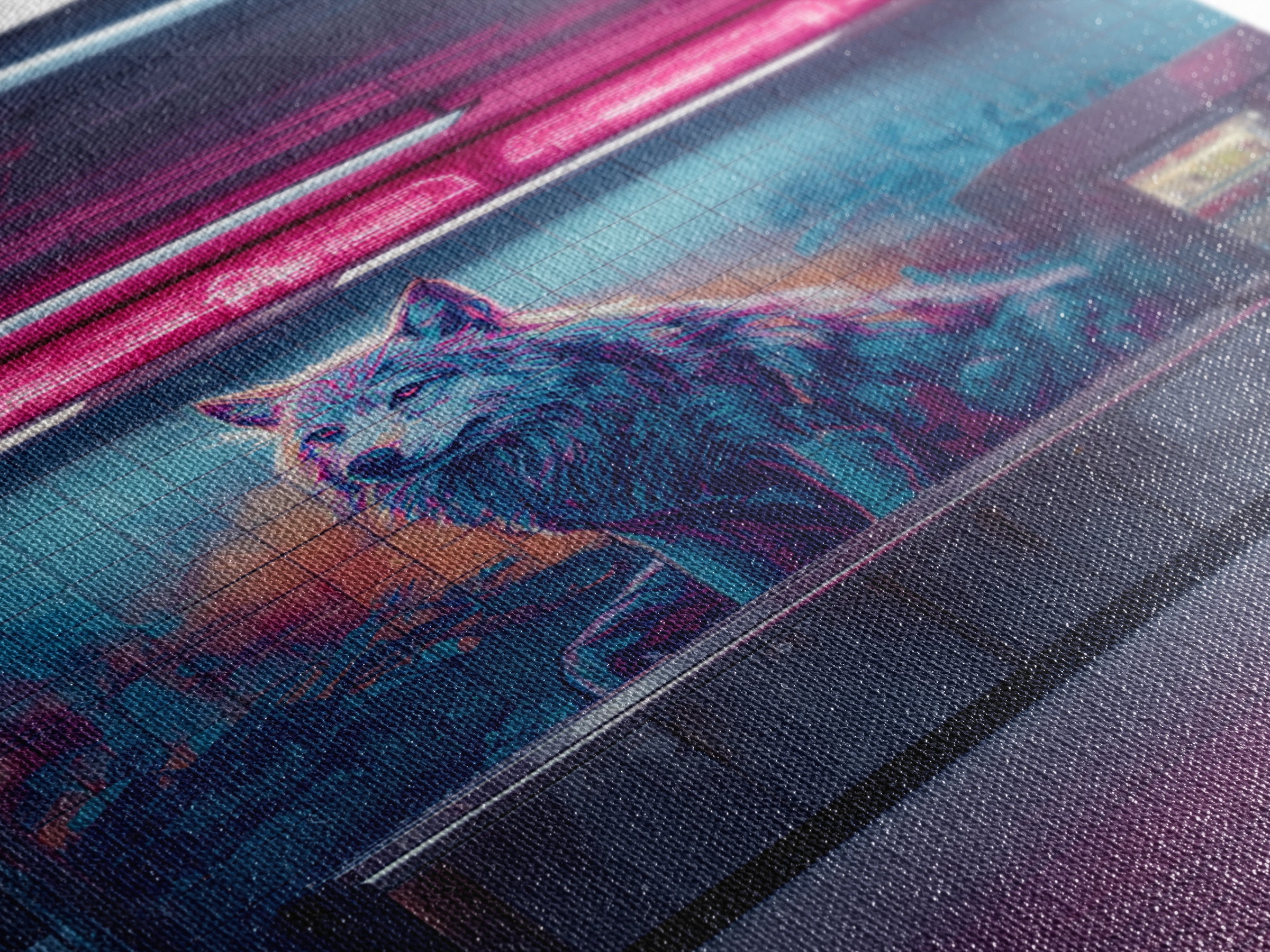 Urban Neon Cityscape With Wolf Mural Vibrant Street Art Wall Art Contemporary Wall Decor Canvas Print For Modern Living Room