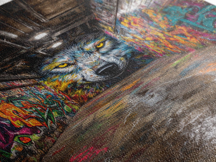 Colorful Wolf Graffiti Street Art Urban Wall Art Print Home Decor Vibrant Alley Framed Canvas Print