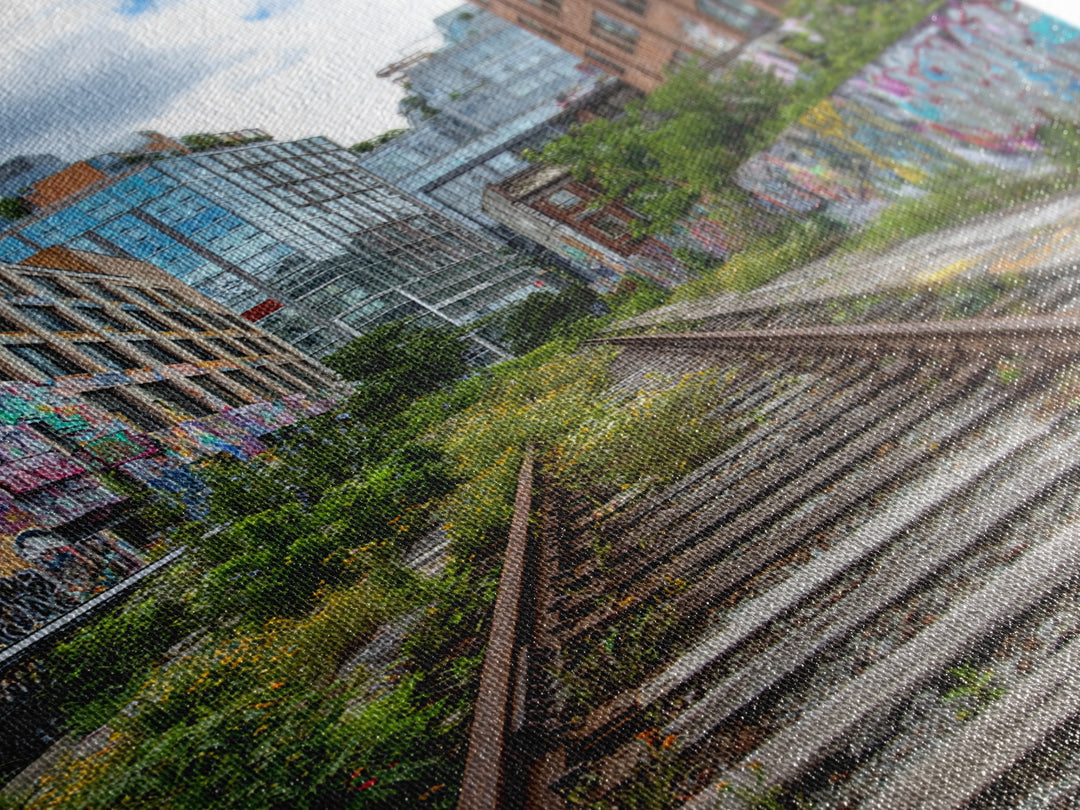 Urban Overgrown Railway Track Between Graffiti Walls In City - Contemporary Wall Art Canvas Print For Modern Decor