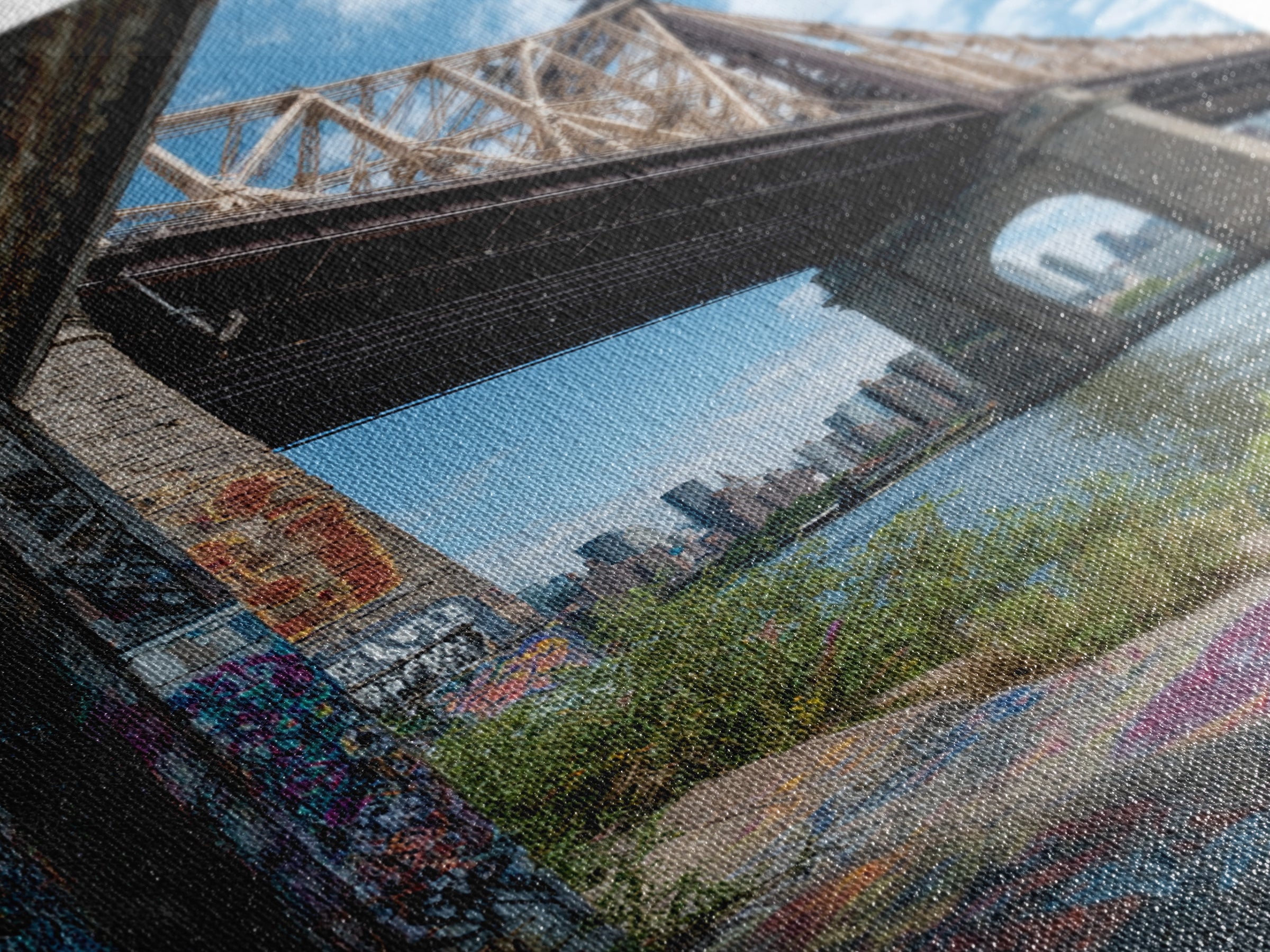 Urban Bridge And Graffiti Wall Over River Cityscape Photography Canvas Print Wall Art For Living Room Or Office Decor