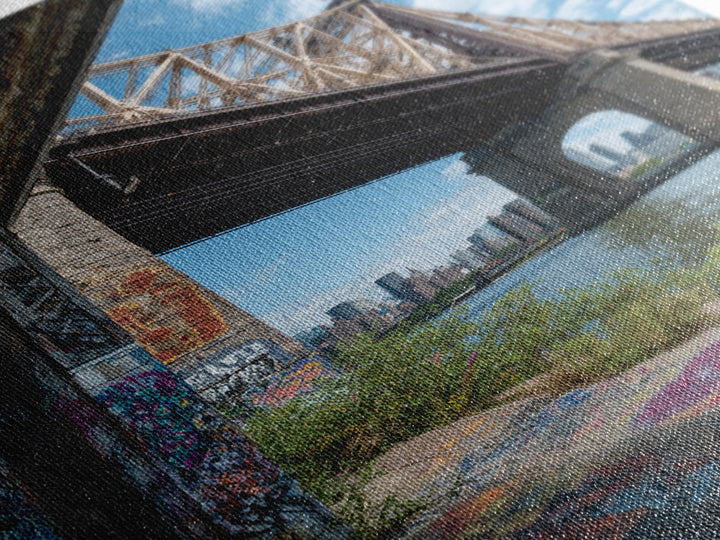 Urban Bridge And Graffiti Wall Over River Cityscape Photography Canvas Print Wall Art For Living Room Or Office Decor