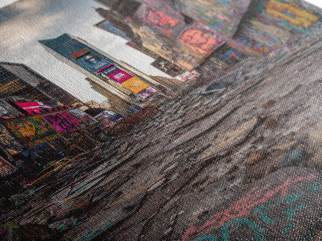 Post Apocalyptic Times Square Urban Ruins Photography Wall Art Print With Graffiti And Debris For Modern Home And Office Decor