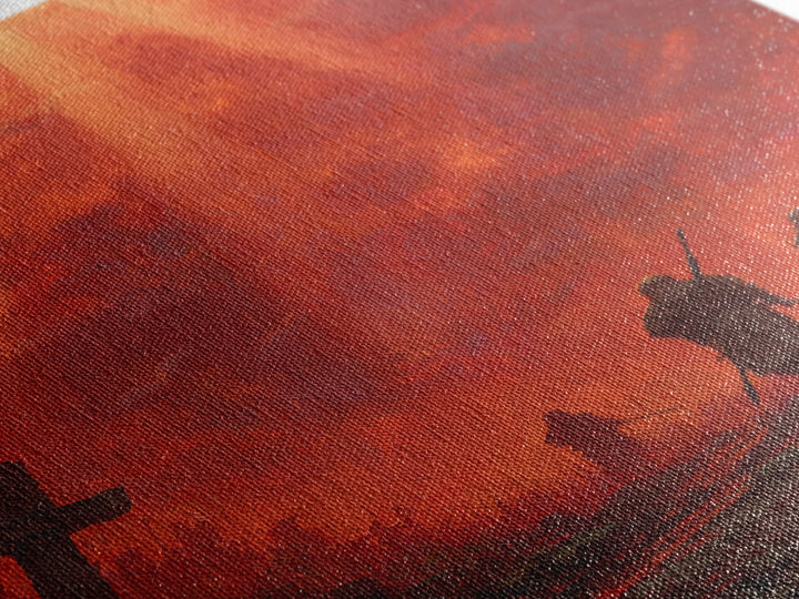 Fiery Red Apocalypse Scene With Warriors And Crosses Dramatic Fantasy Art Canvas Print Perfect Statement Wall Art For Home Decor