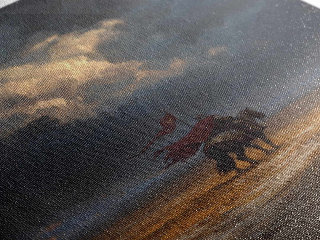 Medieval Knight On Horse With Red Cape Overcast Sky Canvas Print Original Wall Art For Office And Home