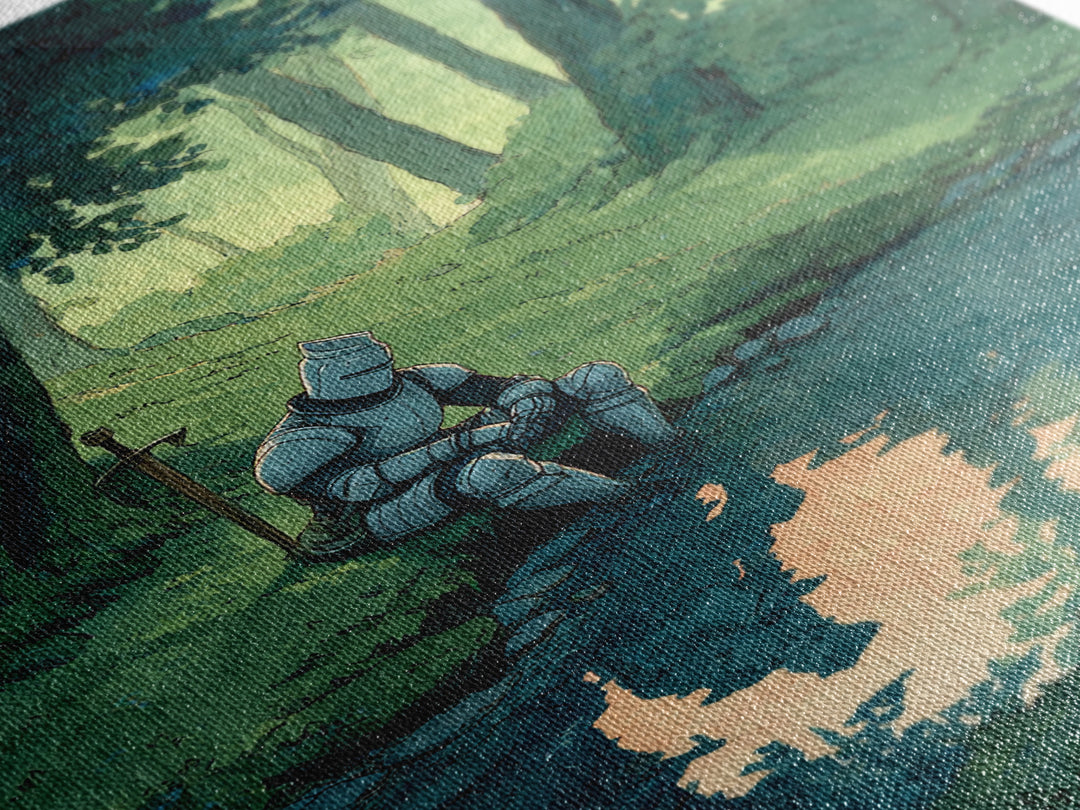 Solitary Knight In Medieval Armor Sitting Beside Forest Stream Original Wall Art With Contemporary And Fantasy Decor