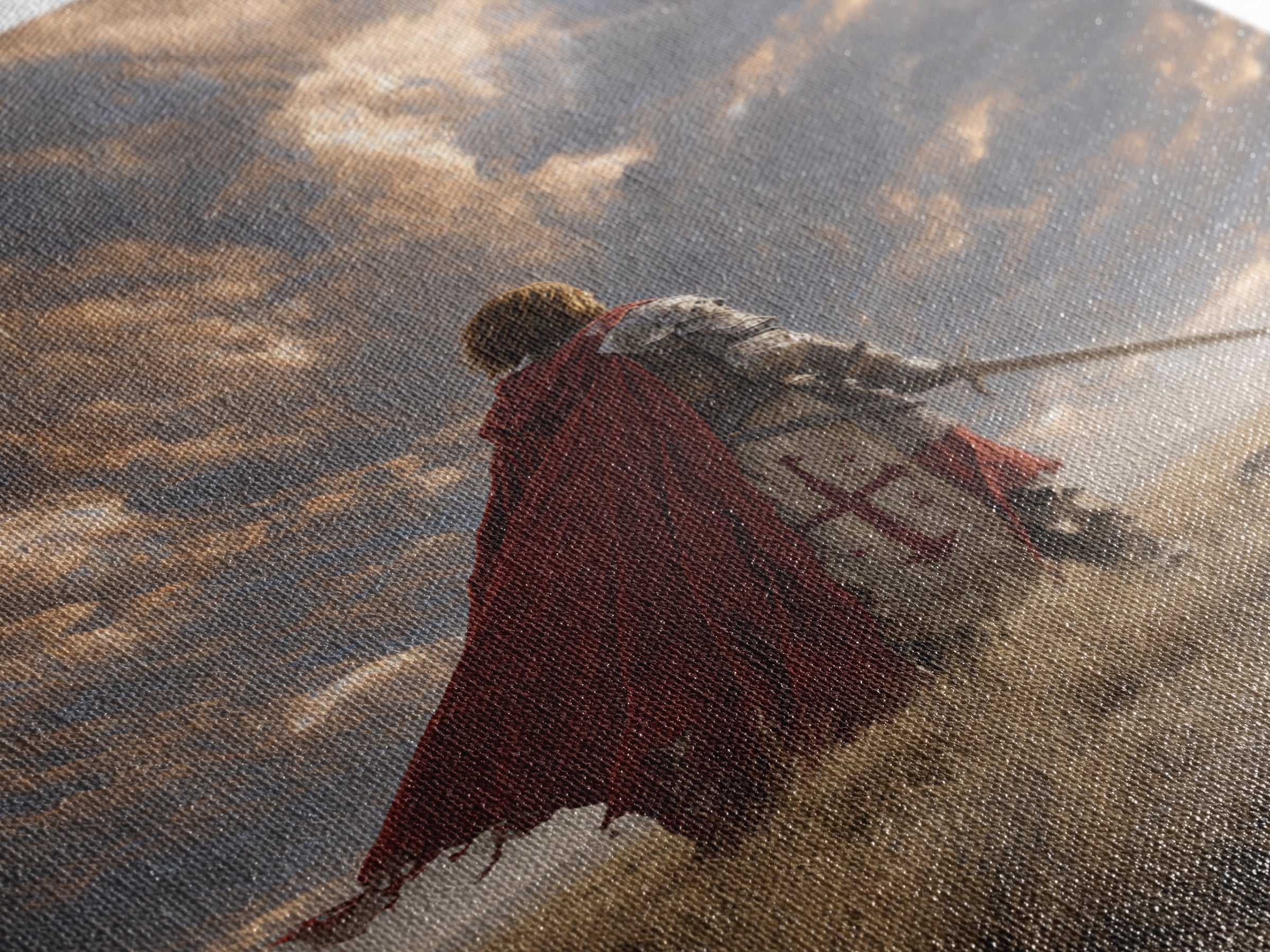 Majestic Knight Kneeling With Sword On Ground Under Dramatic Skies - Captivating Framed Canvas Print For Home
