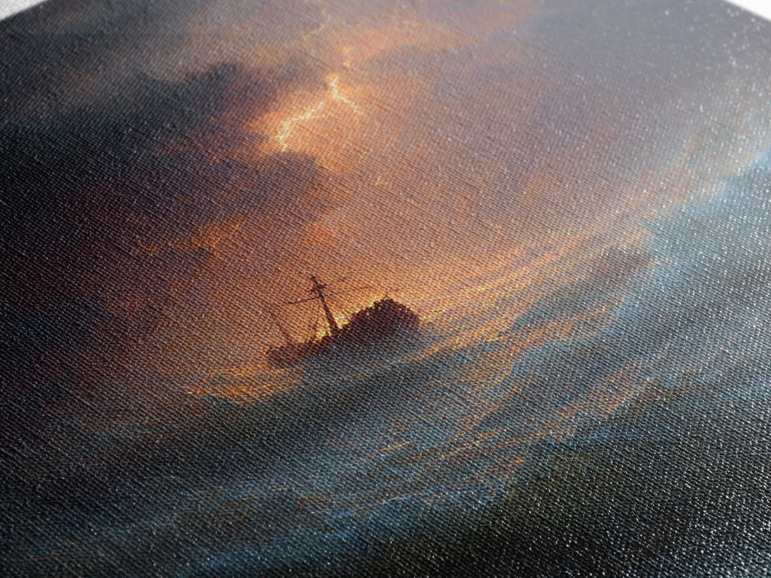 Ship In Stormy Sea With Lightning Strikes Dramatic Ocean Scene Oil Painting Wall Art Canvas Print