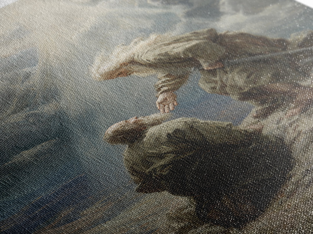 Biblical Scene Of Two Men On Rocky Landscape With Light Ray Spiritual Wall Art Framed Canvas Print For Christian Home Decor
