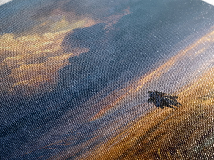 Lonely Rider In Vast Field With Dramatic Sky Landscape Painting Wall Art Framed Canvas Print