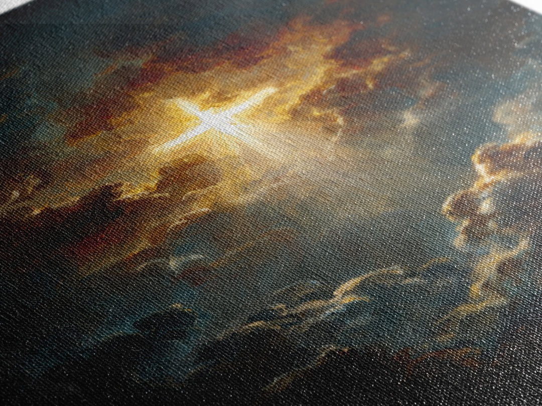 Radiant Golden Cross Amid Dark Clouds Inspirational Christian Wall Art Canvas Print For Home Decor