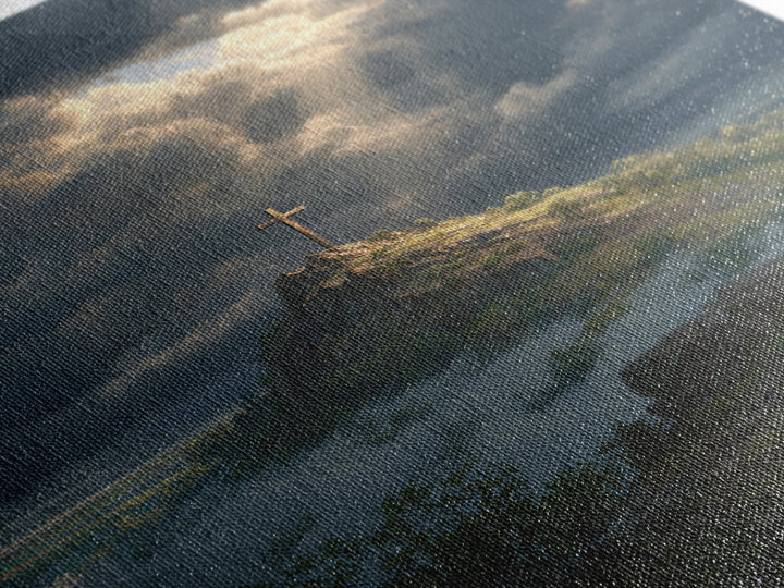 Cross On Mountain Dramatic Sky Contemporary Landscape Oil Painting Wall Art Framed Canvas Print Nature Inspired Home Decor