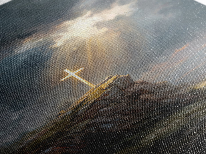Dramatic Light Over Cliff Cross Spiritual Wall Art Framed Canvas Print For Inspirational Religious Home Decor Or Gift