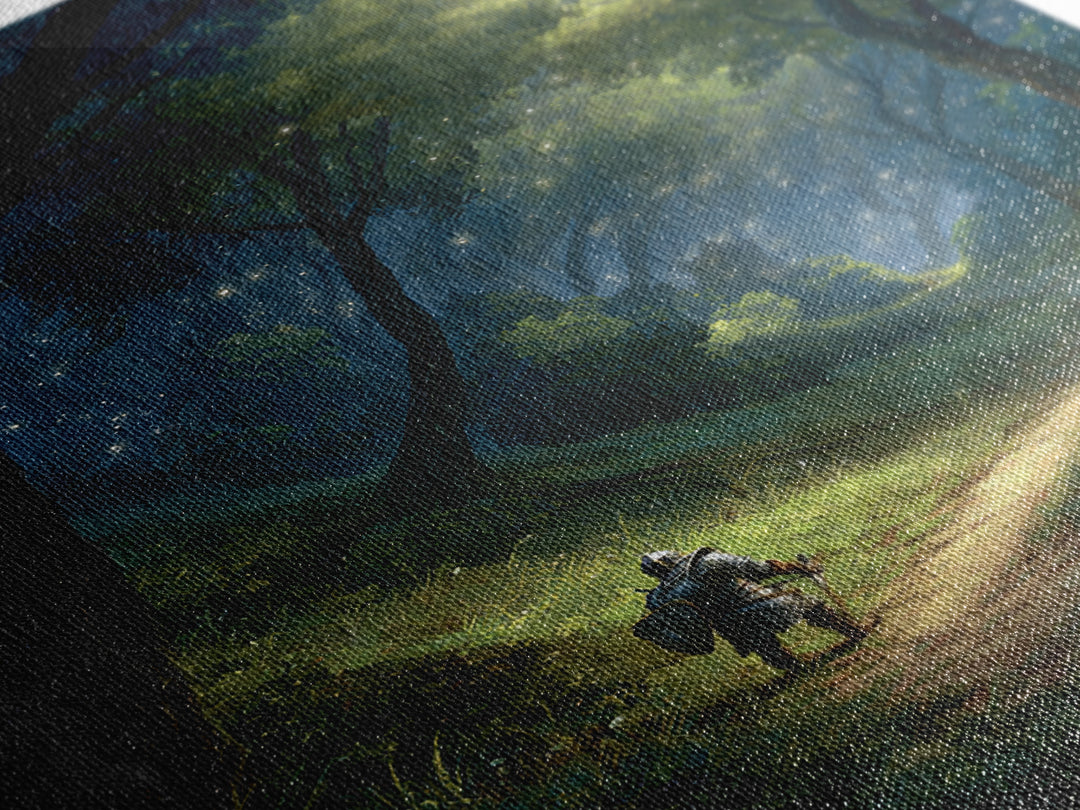 Majestic Knight on Trail in Enchanted Forest Fantasy Art Wall Art Canvas Print For Game Room or Bedroom Decor