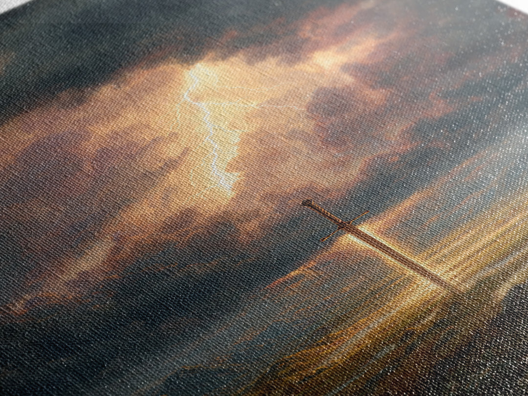 Epic Sword Lightning Storm Fantasy Wall Art Digital Painting Canvas Print For Fantasy Lovers And Gaming Room Decor