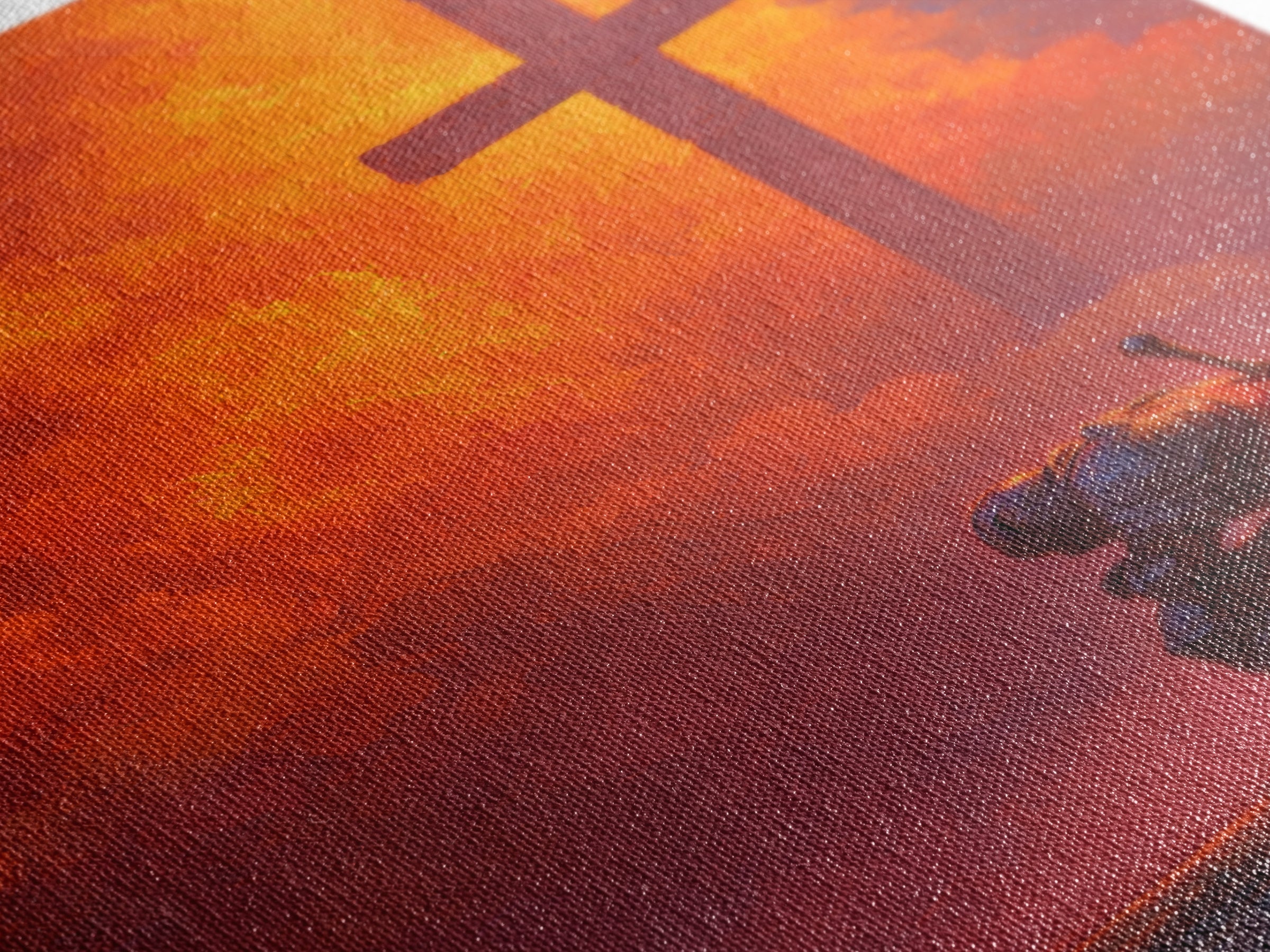 Medieval Knight Kneeling Before Cross In Fiery Sky Dramatic Fantasy Art Wall Art Canvas Print For Spiritual Decor