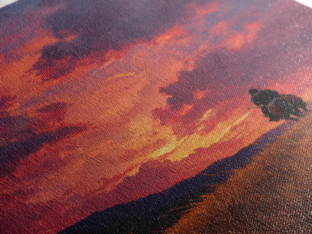 Epic Western Lone Rider On Horseback Silhouette Against Dramatic Sunset Sky Oil Painting Wall Art