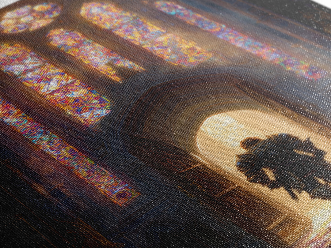Fantasy Knight In Gleaming Armor Entering Stained Glass Lit Castle Hall - Epic Wall Art Framed Canvas Print For Fantasy Fans