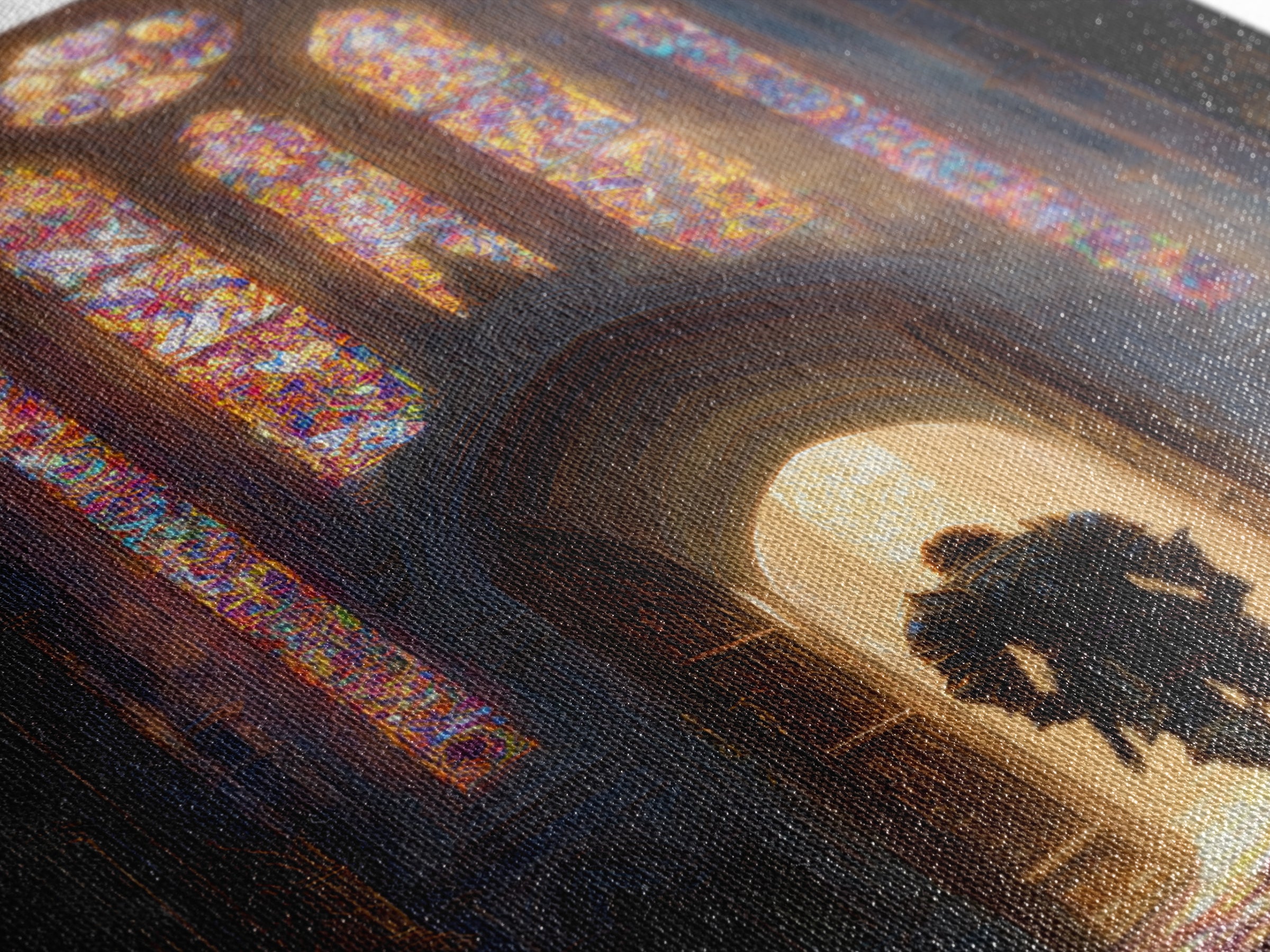 Fantasy Knight In Gleaming Armor Entering Stained Glass Lit Castle Hall - Epic Wall Art Framed Canvas Print For Fantasy Fans