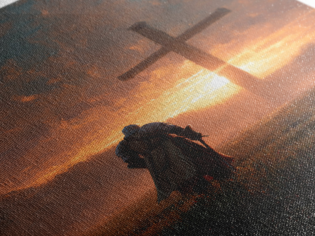 Knight Kneeling Before Large Cross At Sunset Spiritual Wall Art Framed Canvas Print Religious Artwork For Home Decor