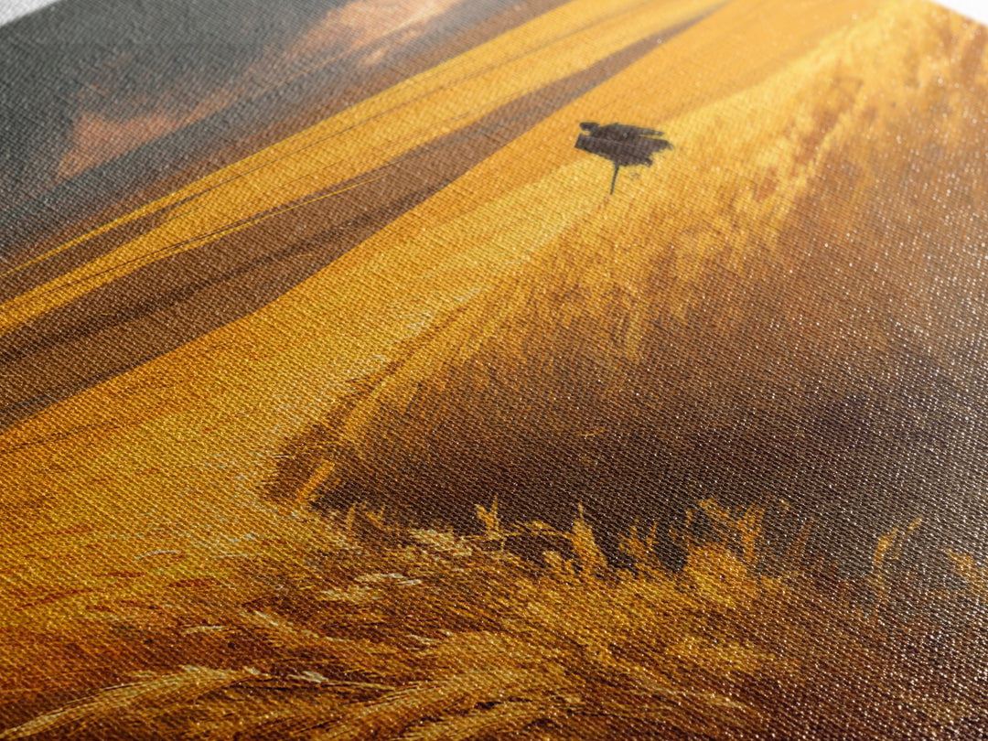 Expansive Golden Wheat Field With Lone Figure Walking Abstract Landscape Wall Art Modern Canvas Print For Rustic Home Or Office Decor