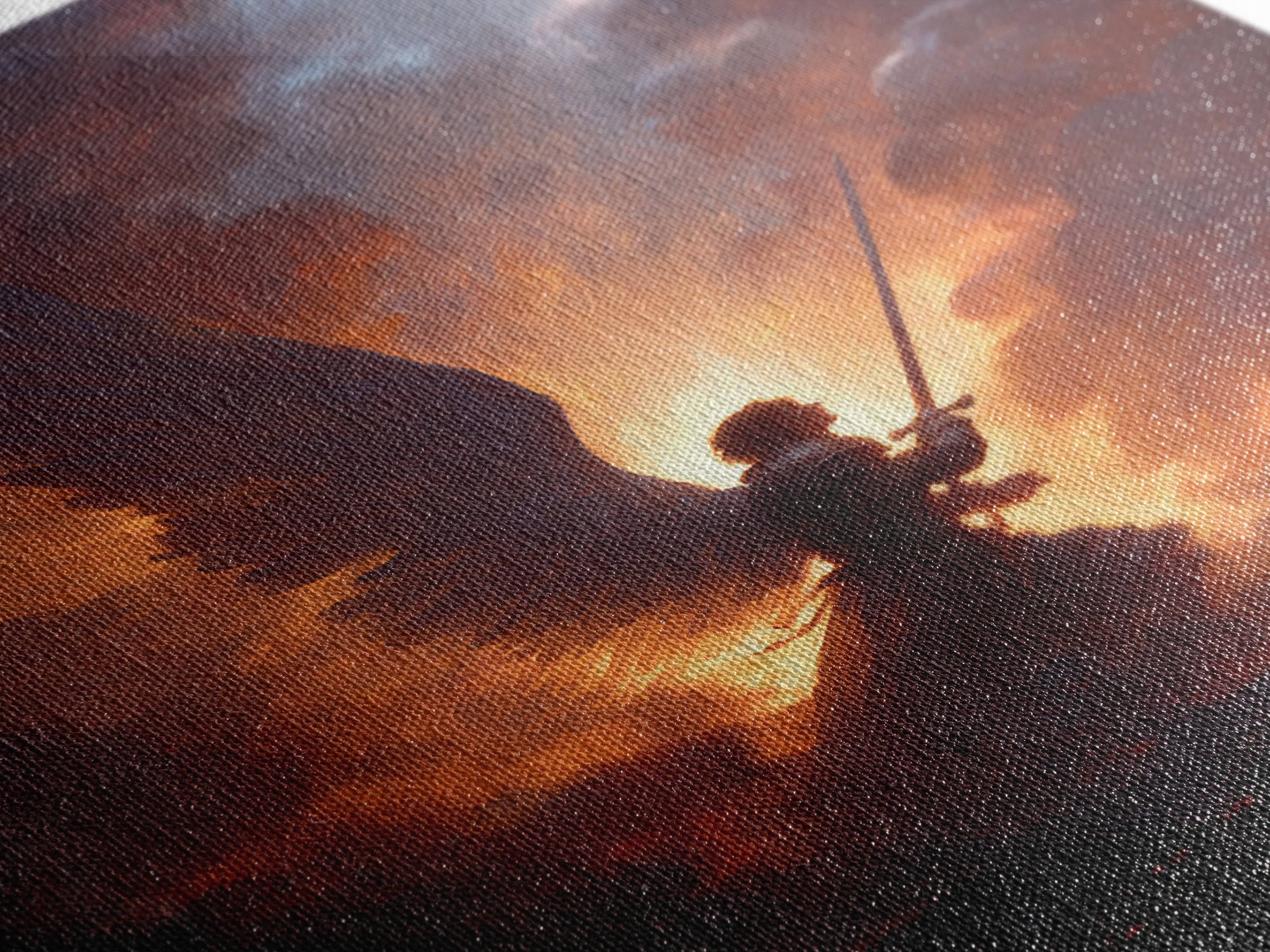 Epic Angel Warrior With Sword Radiant Light And Fiery Background Fantasy Art Framed Canvas Print For Home