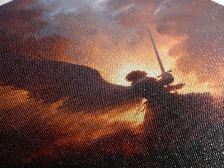 Epic Angel Warrior With Sword Radiant Light And Fiery Background Fantasy Art Framed Canvas Print For Home