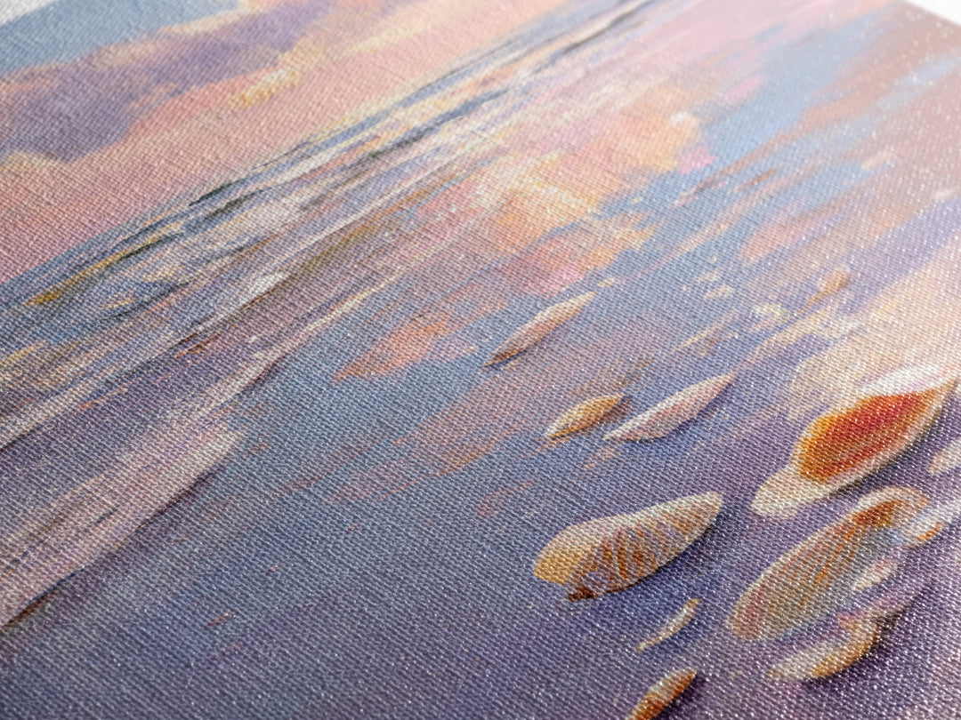 Pastel Seashell Beach Sunset Canvas Print, Coastal Wall Art, Ocean Painting, Beach House Decor, Seascape, Gift For Her, Home Decor