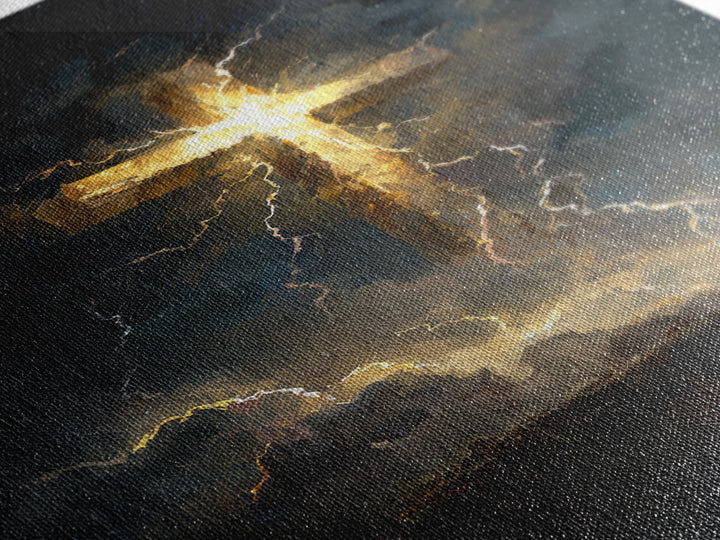 Powerful Cross Illuminated In Stormy Dark Sky Christianity Religious Wall Art Framed Canvas Print